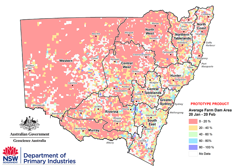Figure 6. Average parish-level farm dam extents between 20 January and 20 February For an accessible explanation of this image contact scott.wallace@dpi.nsw.gov.au