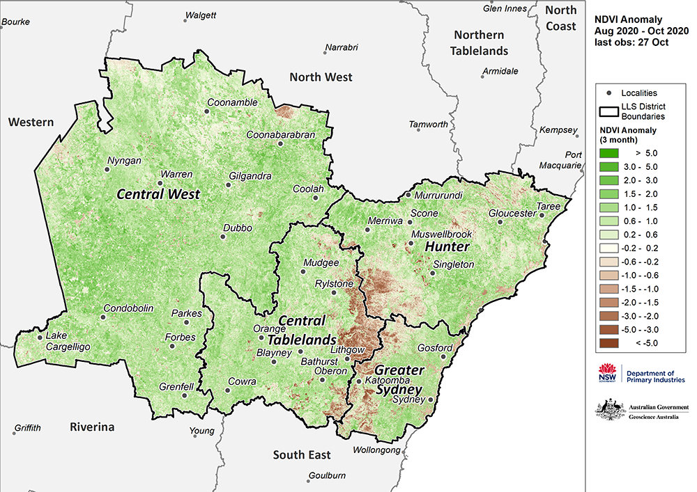 Figure 21. Monthly NDVI anomaly map for the Central Tablelands, Central West, Hunter and Greater Sydney regions For an accessible explanation of this map contact the author seasonal.conditions@dpi.nsw.gov.au