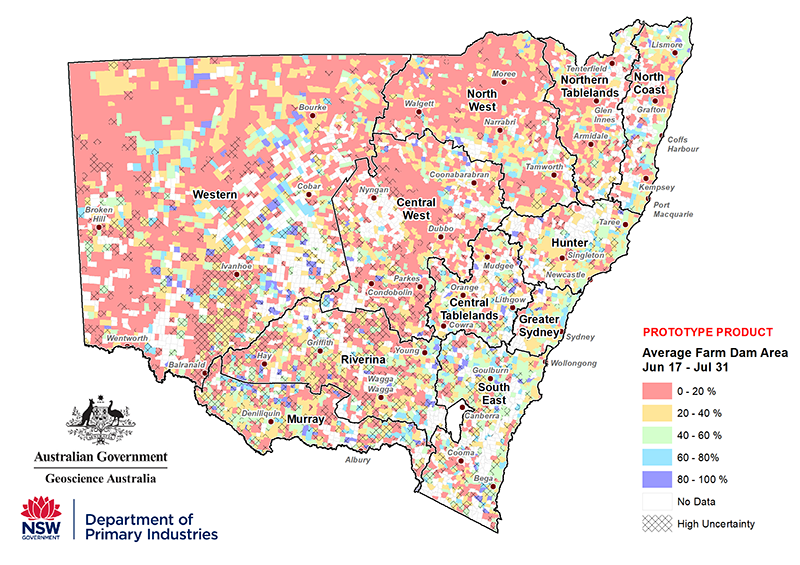 Figure 5a. Average parish-level farm dam extents between 17 June to 31 July For an accessible explanation of this map contact the author seasonal.conditions@dpi.nsw.gov.au