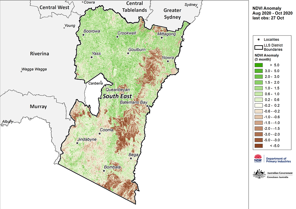 Figure 24. Monthly NDVI anomaly map for the South East region For an accessible explanation of this map contact the author seasonal.conditions@dpi.nsw.gov.au