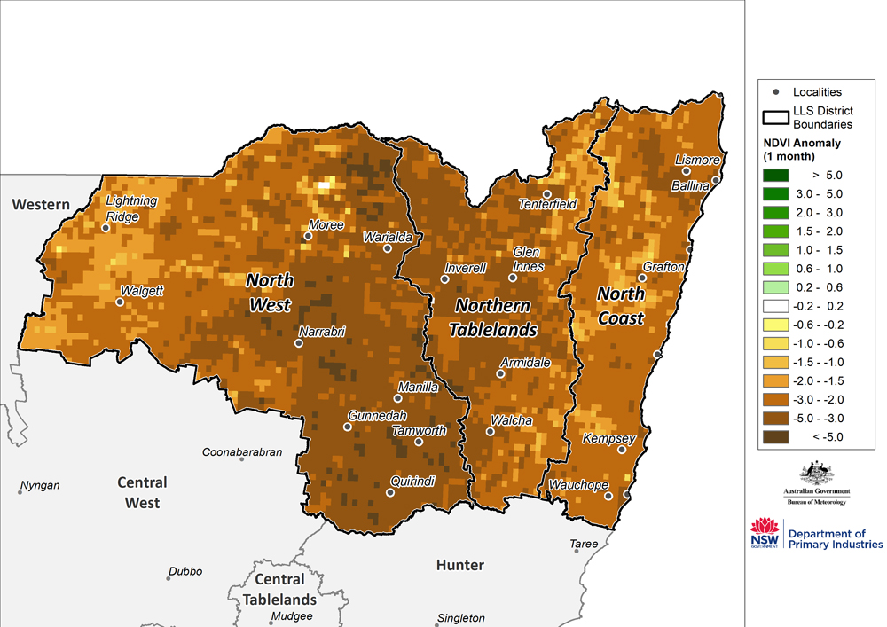 Figure 18. Monthly NDVI anomaly map for the North West, Northern Tableland and North Coast regions For an accessible explanation of this diagram contact the author kim.broadfoot@dpi.nsw.gov.au