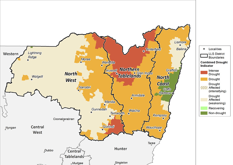 Figure 20. Combined Drought Indicator for the North West, Northern Tableland and North Coast regions For an accessible explanation of this image contact the author seasonal.conditions@dpi.nsw.gov.au