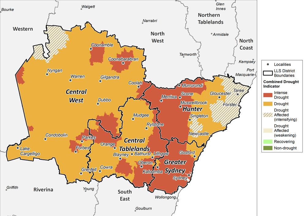 Figure 20. Combined Drought Indicator for the Central Tablelands, Central West, Hunter and Greater Sydney regions For an accessible explanation of this diagram contact the author kim.broadfoot@dpi.nsw.gov.au
