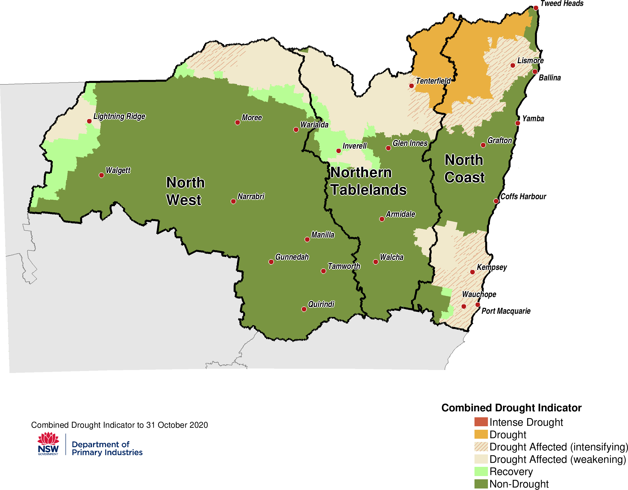 Figure 17. Combined Drought Indicator for the North West, Northern Tableland and North Coast regions For an accessible explanation of this map contact the author seasonal.conditions@dpi.nsw.gov.au