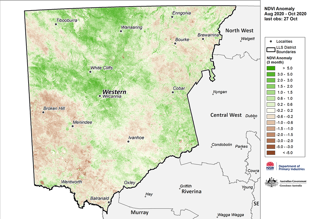 Figure 15. NDVI anomaly map for the Western Region For an accessible explanation of this map contact the author seasonal.conditions@dpi.nsw.gov.au