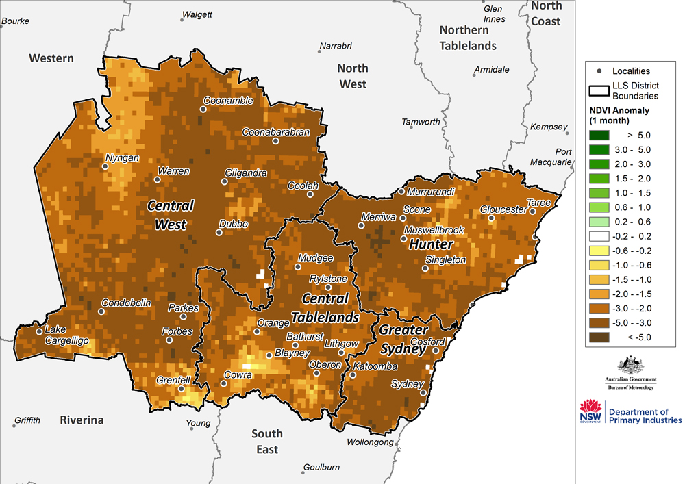 Figure 21. Monthly NDVI anomaly map for the Central Tablelands, Central West, Hunter and Greater Sydney regions For an accessible explanation of this diagram contact the author kim.broadfoot@dpi.nsw.gov.au